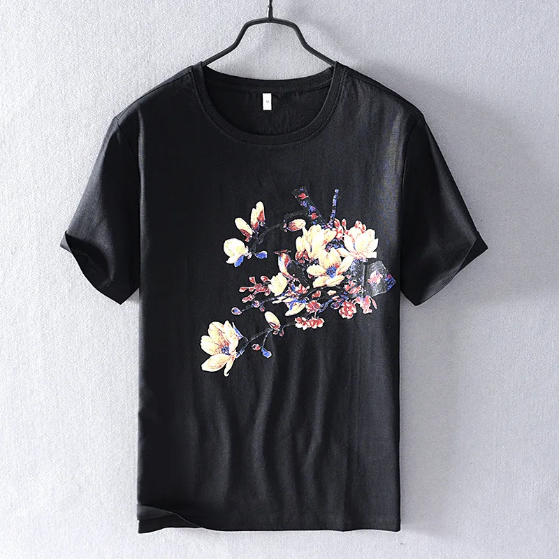 

Boys Linen T-shirt Graphic Tee Tops Chinese Summer Casual Cotton Flower Floral Print Tee Shirt Men Black Oversized Tshirts Xxxl