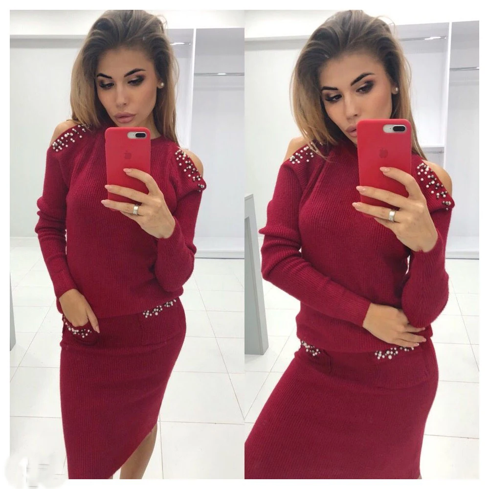 Bleading свитер женский костюм модный Вязанный свитер с открытыми плечами и юбка Женский комплект из двух частей женский костюм для офиса