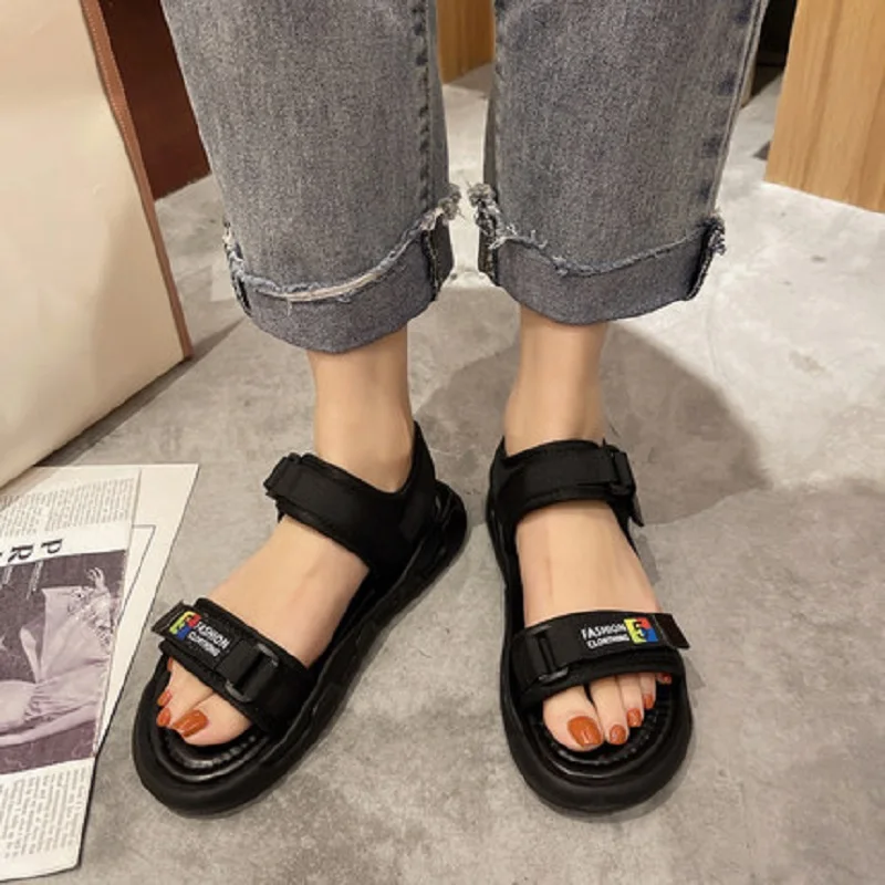 

Женские сандалии на толстой подошве, универсальные сандалии с Мягкой Губчатой подошвой, на липучке, пляжная обувь в римском стиле, 2021