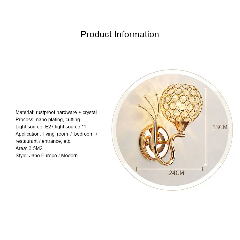Круглая настенная лампа E27 светодиодсветодиодный хрустальные светильники