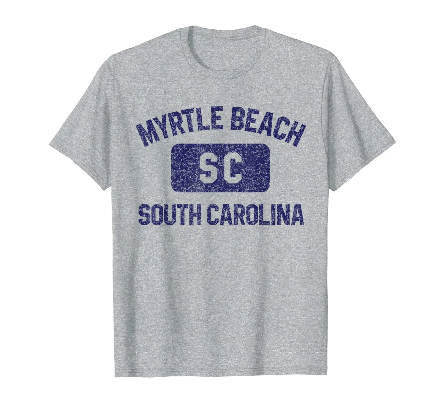 

Myrtle Beach SC Gym Style Distressed Navy Blue Print T-Shirt