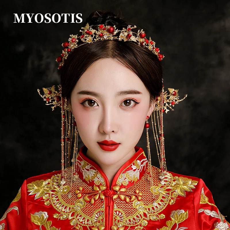

Vintage Red Pearl Headpiece for Bride Chinese Tranditional Wedding Crown Tassels Hair Sticks Tiara Headbands