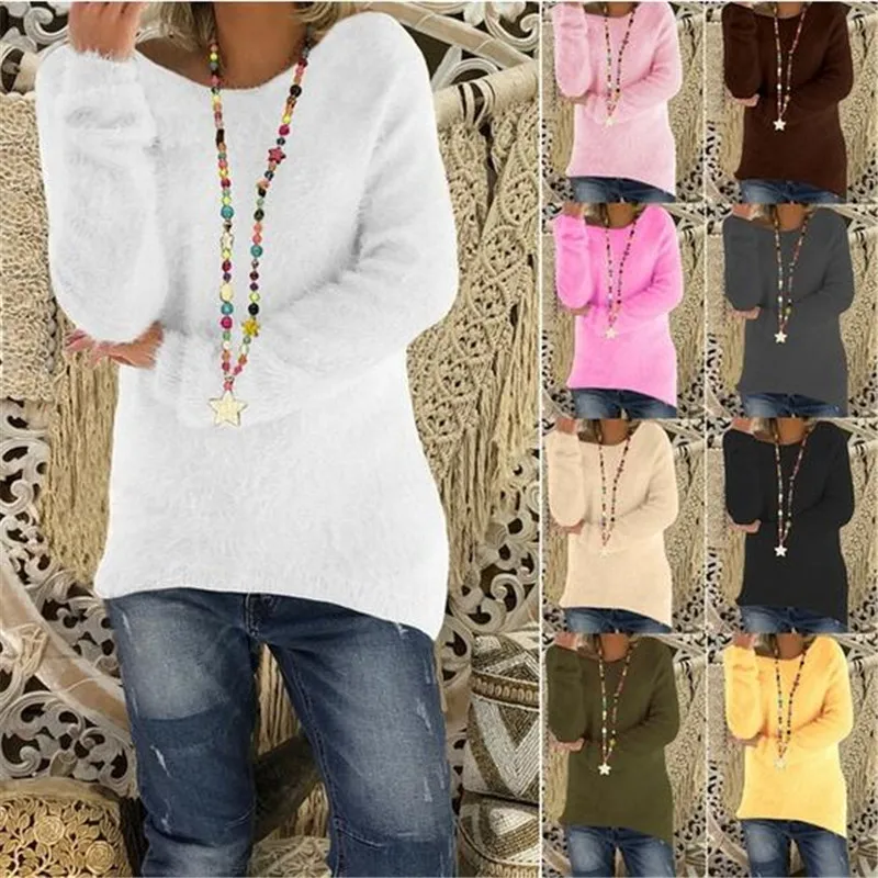 

Women's Loose Long-Sleeved Large Size Wool Sweater Pullover Solid Color Wild O-Neck Sweater Spring Fall Knitted Bottoming Shirt