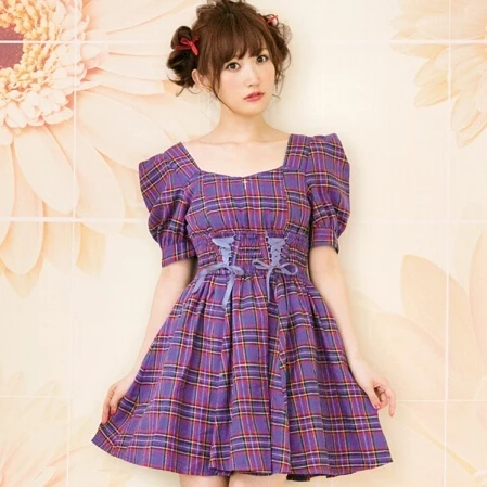 

Japanese Liz cotton checked cross retro shoulder dress midi dress