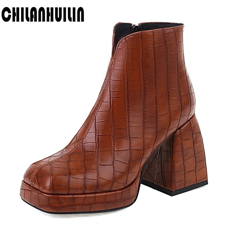 

autumn winter high heels black thick platform ankle boots woman new punk print microfiber zipper leather shoes woman ankle boots