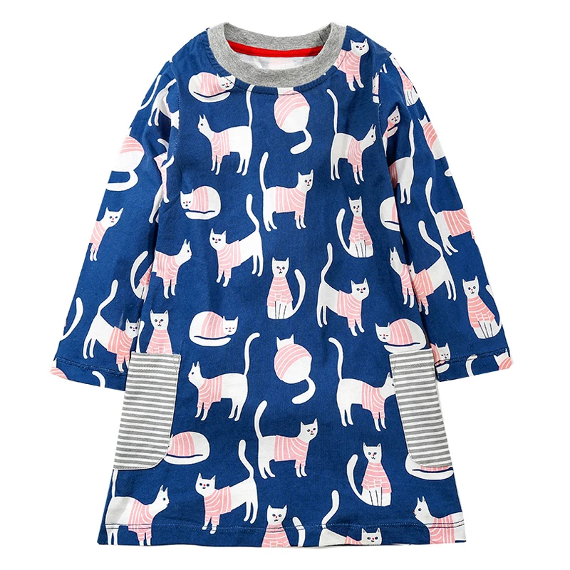 Children Dress 2020 New Europead &amp American Style Kids Animals Pattern Striped Pocket Princess Girl Dresses 2-7Y | Детская одежда и