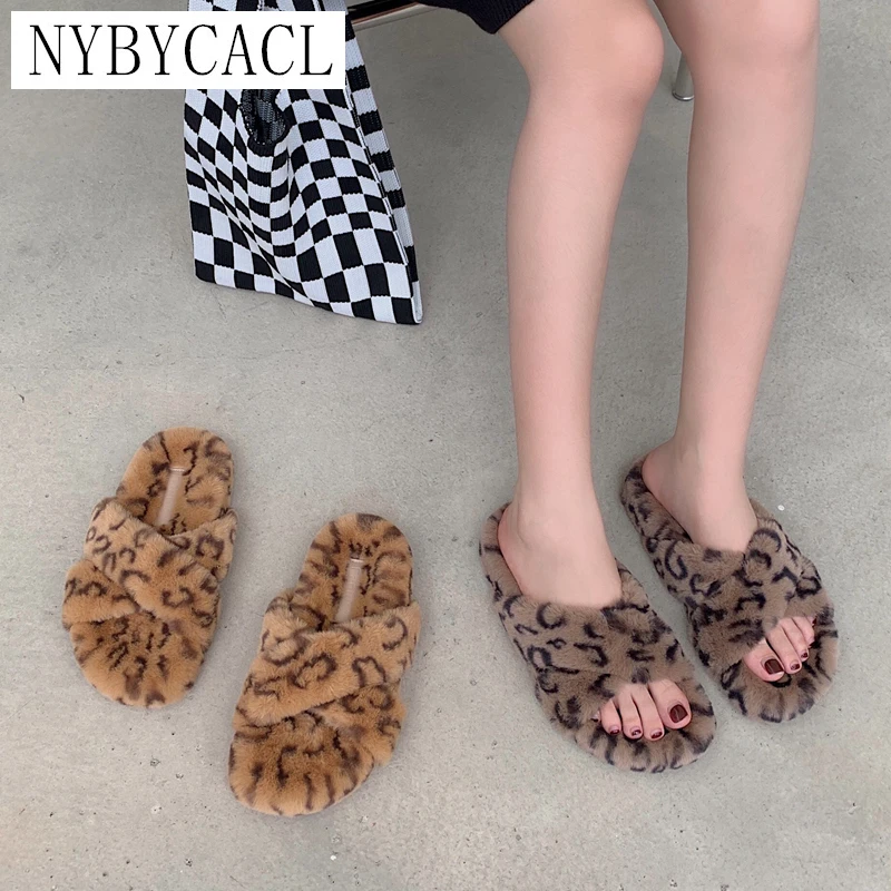 

2022 Winter Women Fur Slippers Fashion Leopard Real Fur Flip Flop Flat Furry Fur Slides Warm Plush Casual Outdoor indoor Sand