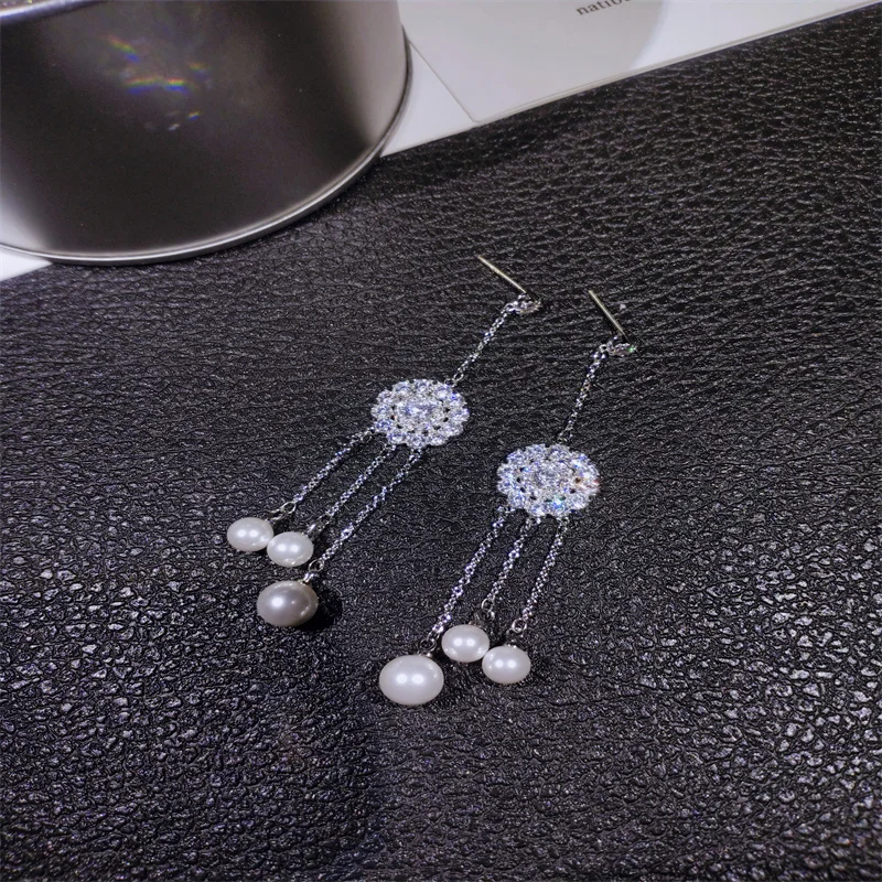 

White Simulated Pearl Tassel Dangle Earrings for Women Flower Foral Shaped Sparkling Crystal Rhinestone Wedding Earrings Jewelry