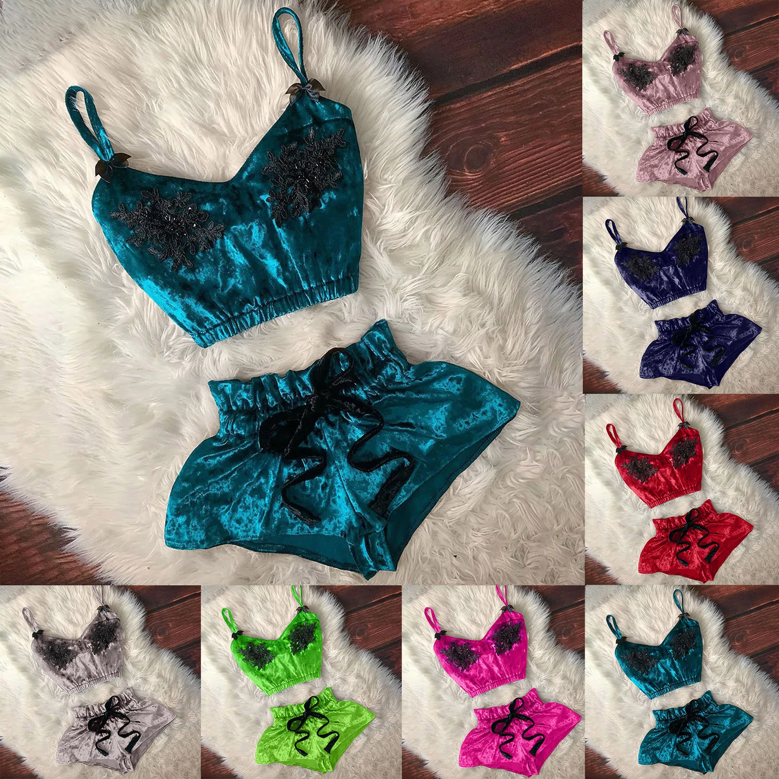 

Women Sexy Underwear pijama V-Neck Eyelash Lace Stain Camisole Pajamas Bowknot Shorts Set Gift Fast Delivery Pijama invierno #5