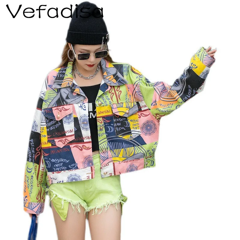 

Vefadisa 2021 Autumn New Women Clothing Fashion Printed Denim Jacket Loose Short Denim Long Sleeve Jacket TT367