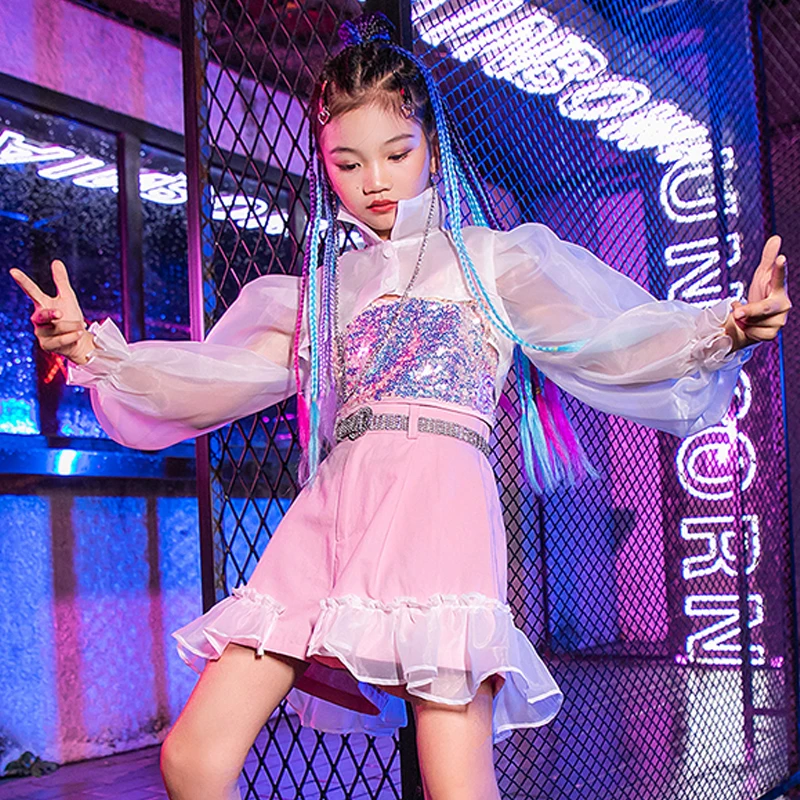 

Mesh Puff Sleeve Girls Hip Hop Clothes Jazz Dance Costume Sequins Tops Street Dance Kpop Outfit Modern Dancewear Suit YS2697