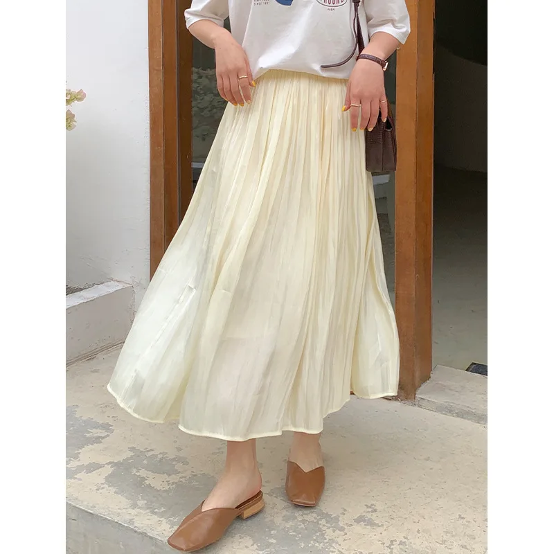 

2021 Korean Solid Pleated Half-length Umbrella Dresses Women Spring Summer Female Elastic Waist Pearl Luster Over-knee Skirts