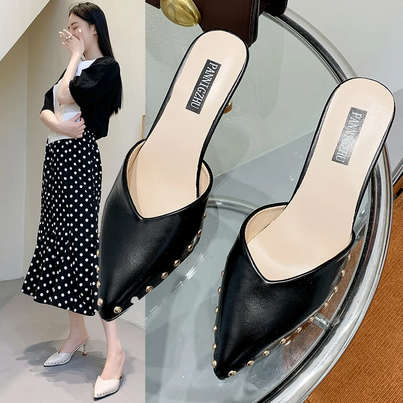 

Cover Toe Mules For Women 2021 Slippers Casual Shoes Med Thin Heels Pantofle Slides Rivet Luxury Pointed New High Rome Spring Ru