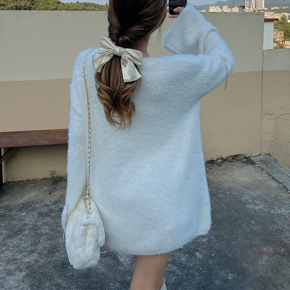 

Korean Version Japanese Sweater Autumn Winter Fashion Loose Lazy Mohair Tassel Rhinestone Round Neck Long Sleeve