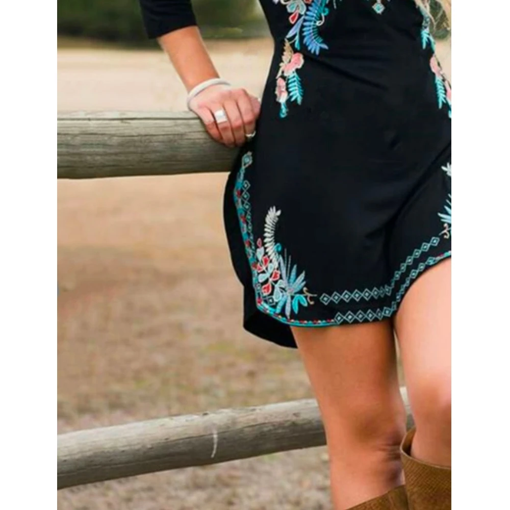 

Women's Long Sleeve Dress 2020 Fashion Printed Round Neck Slim Split Dresses Vintage High Waist Summer Casual A-Line Vestidos