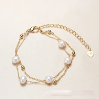 baroque fashion women wedding gold plated double chain bracelet fashion round bead heart pendant bracelet lady party jewelry