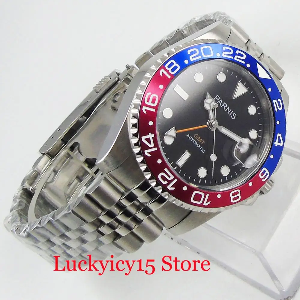 Роскошные автоматические мужские часы PARNIS GMT ручная вращающаяся рамка юбилейный