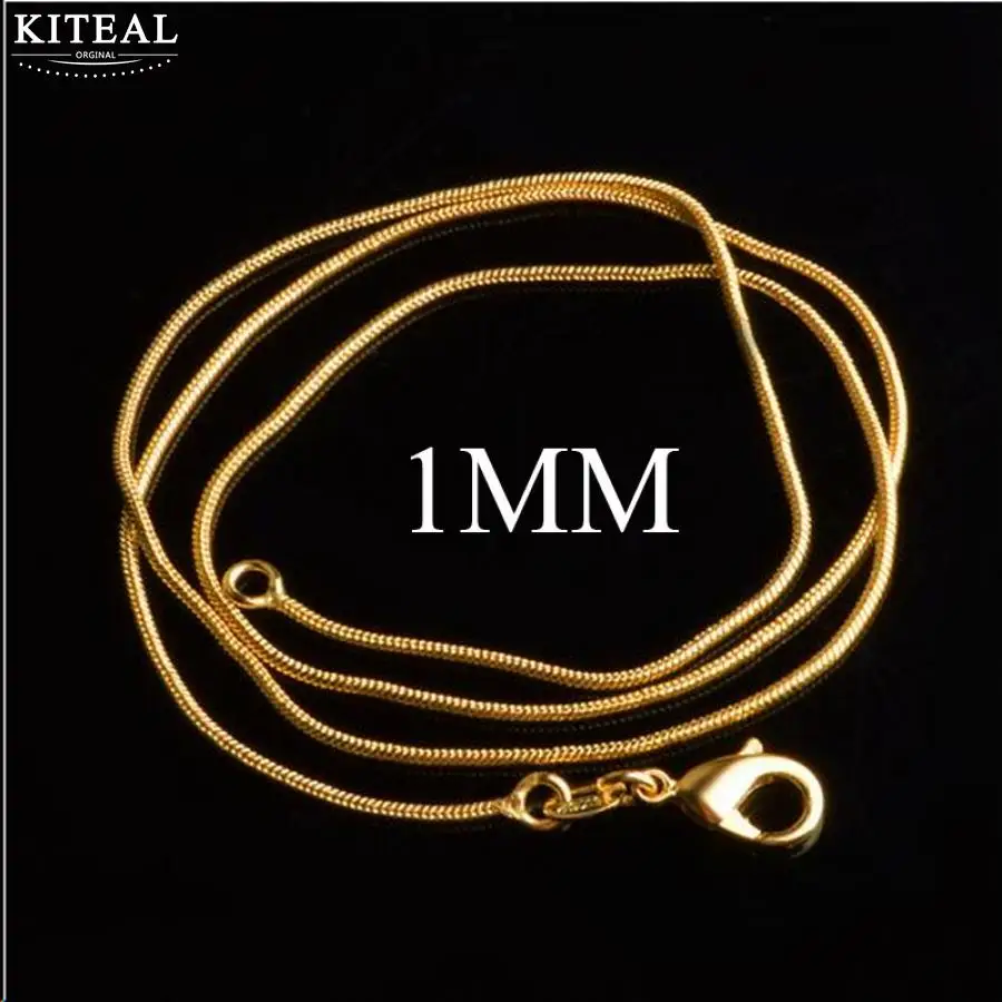 1MM gold color Kiteal Золото Цвет/посеребренные цепочки и ожерелья 1 мм 16 18 20 22 24 26 28 30 дюймов змея цепи воротник de Prata 925 штамп Лидер продаж - Окраска металла: 1MM gold color