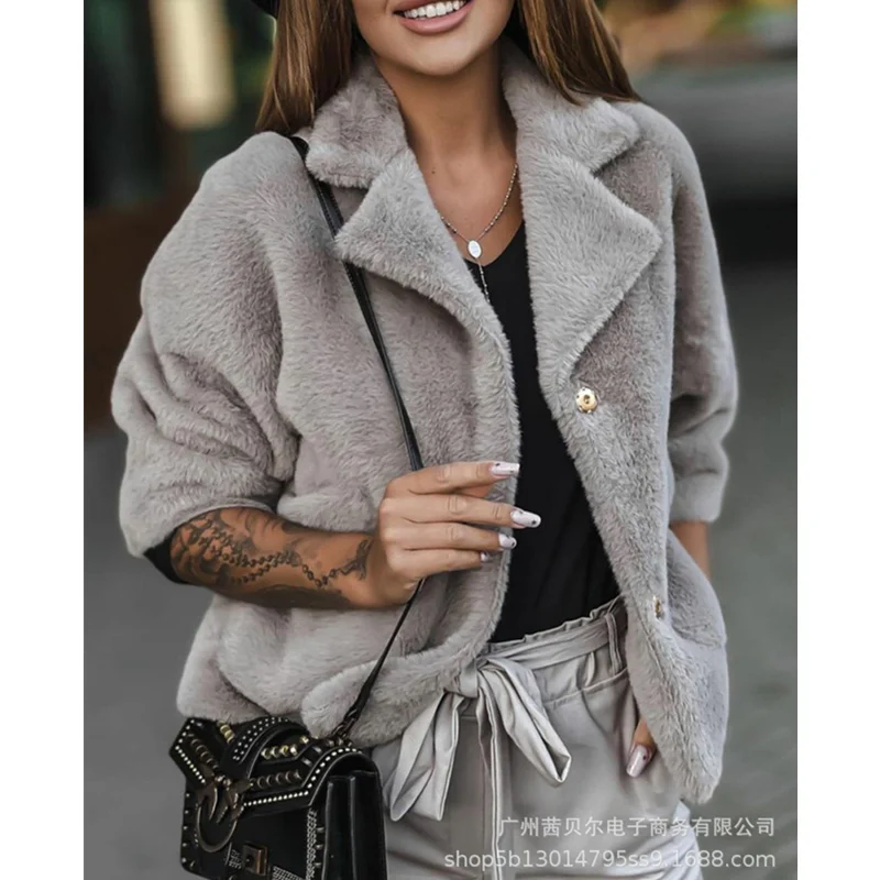 

Mandylandy Women Elegant Autumn Winter Velvet Fur Coat Jacket Lady Casual Fashion Turn Down Collar Single Breasted Wool Outwear