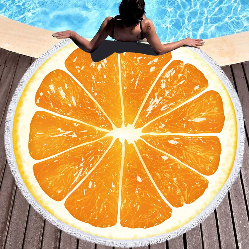 Serviette de plage ronde en microfibre Orange pastèque 550g, serviette de bain épaisse pour la douche, tapis de natation d'été avec glands
