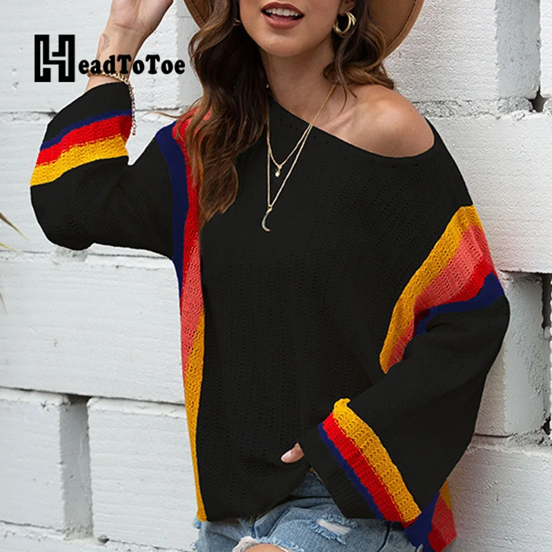 

Loose Casual Striped Sweaters Women Batwing Sleeve Round Neck Women Tops