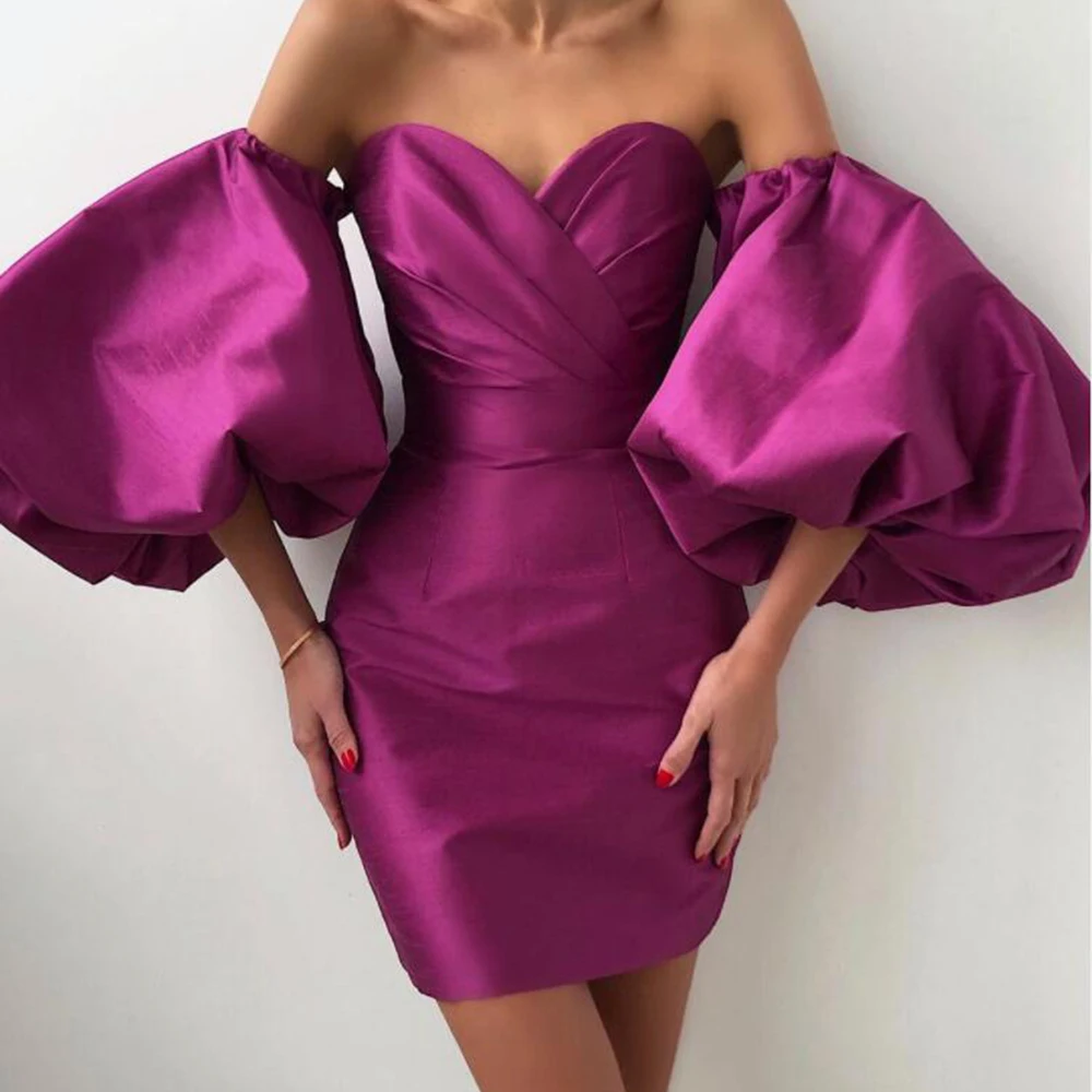 

Sevintage Mermaid Satin Mini Prom Dresses Removable Short Puffy Sleeves Women Party Gowns Pleats Evening Dress 2021 Custom Made