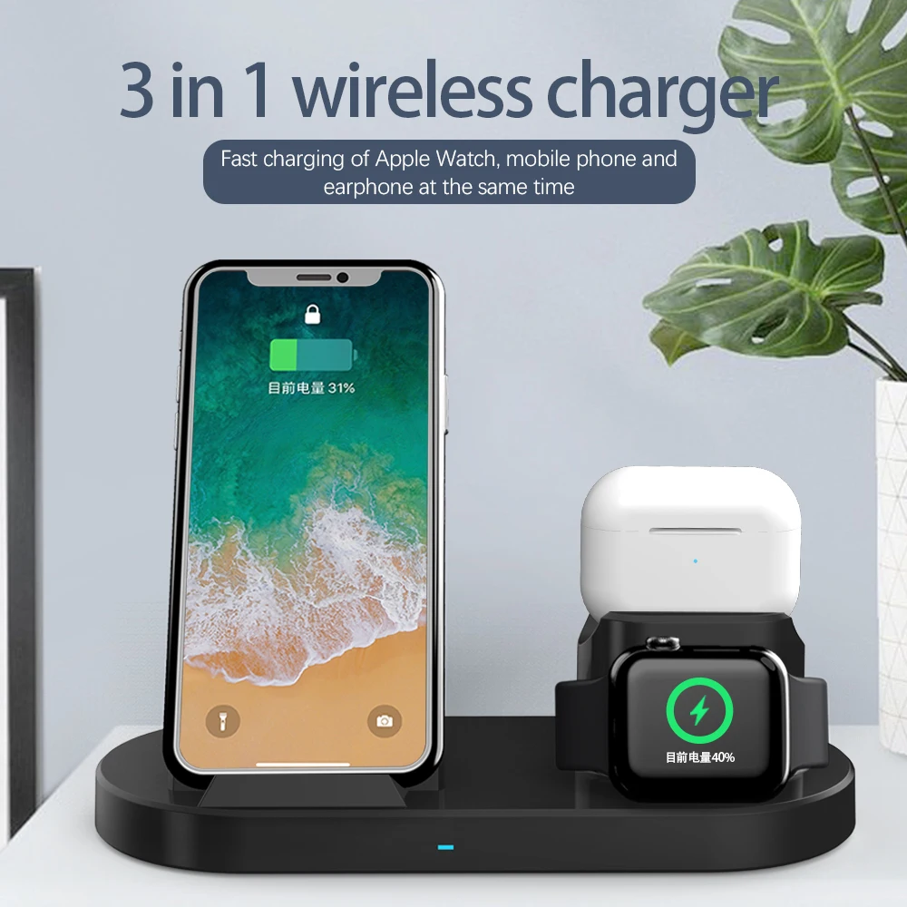 Base de carga inal&aacute;mbrica 3 en 1 para iPhone 13, 12, 11 Pro Max, Airpods, iWatch, estaci&oacute;n de carga r&aacute;pida para Samsung S21, S20, Ultra, Huawei-0