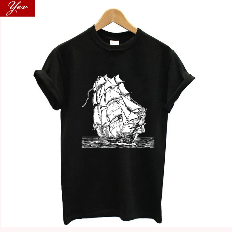 Женская винтажная хлопковая Футболка с принтом корабля летняя повседневная