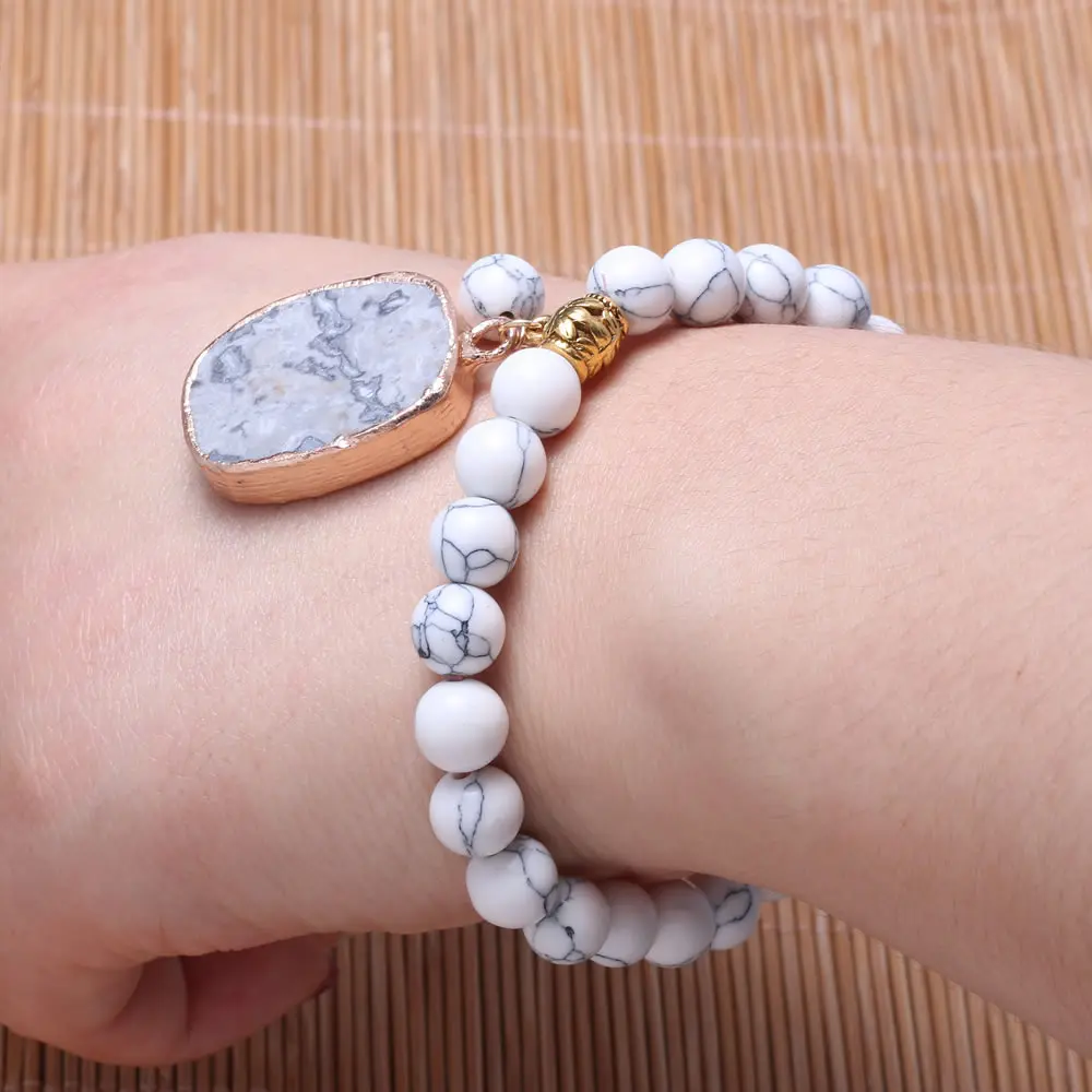 

High Quality Bracelet Bangle Natural Stone White Turquoise Round Beads With Agate Pendant Bracelets for Unisex Love Jewelry Gift