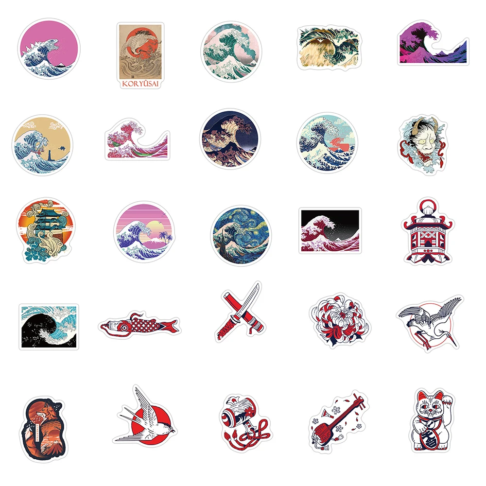 103050pcs ukiyo e waves stickers laptop diy guitar luggage skateboard fridge car waterproof graffiti sticker decals kid toys free global shipping