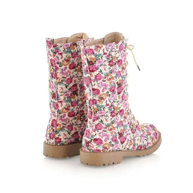 Женские парусиновые сапоги ENMAYLA с цветочным принтом на шнуровке Осень-зима |
