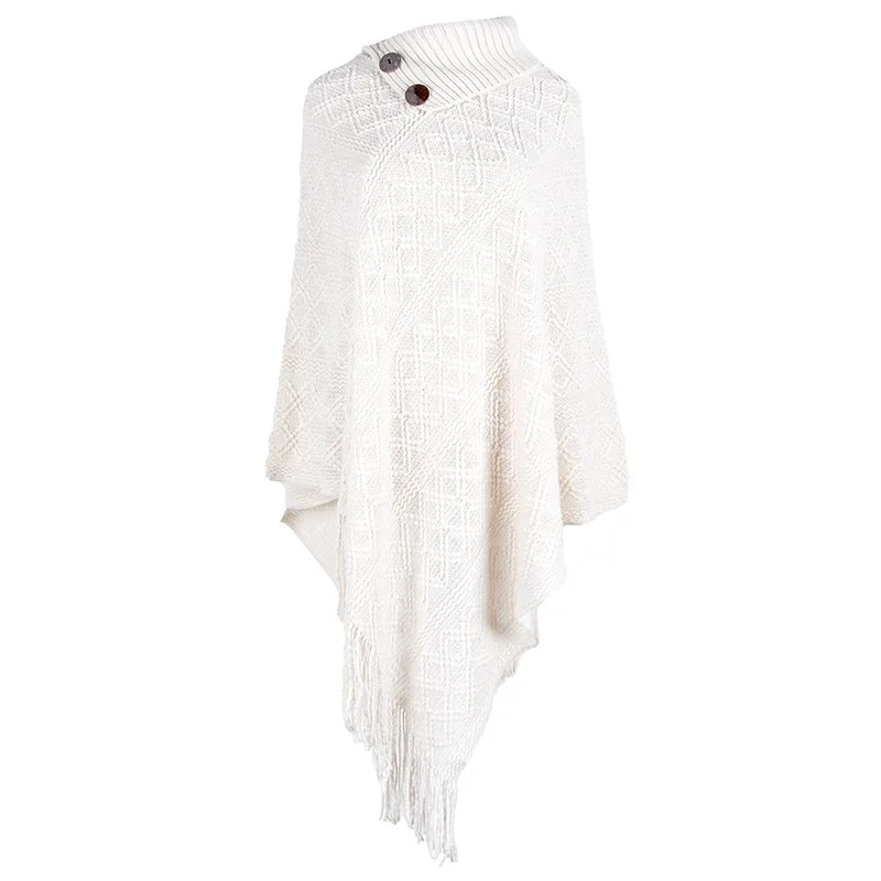 

2020 European and American Autumn and Winter Fringed Cloak Shawl Button Round Neck Pullover Diamond Plaid Ladies Sweater Vintage