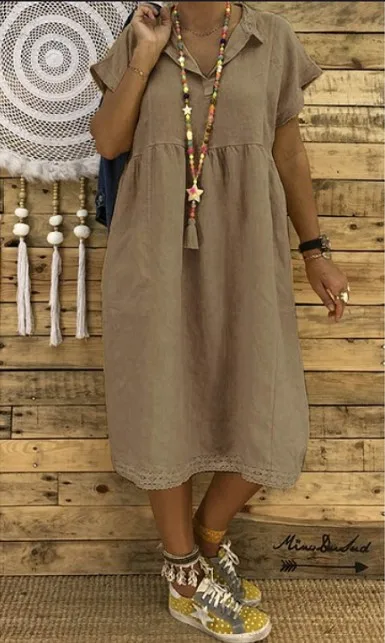 

Women's loose short sleeve solid cotton linen dress