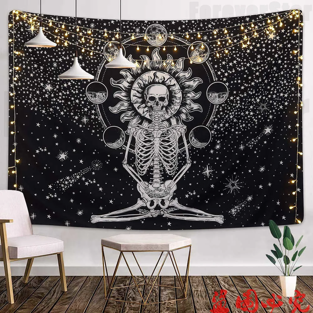 

Witchcraft Skull Moon Tapestry Mountain Wall Hanging Black Psychedelic Mandala Tapestries Wall Carpet Cloth Home Decor 95x73cm