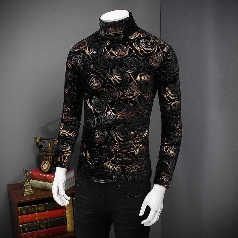 2020 New Black Gold Rose T-Shirt Men Autumn Winter Turtleneck Slim Fit Long Sleeve Floral Printed Thick Warm Tees Tops Homme | Мужская