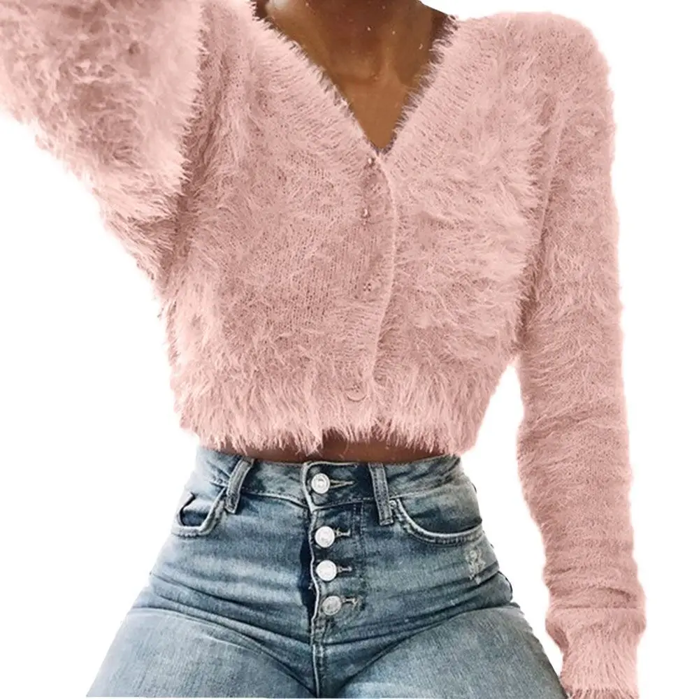 

Woman Puff Warm Sweaters Cardigan Oversize Knitted Street Wear Jumpers Cropped Cardigan Single Breasted Hot pink sweater Spring
