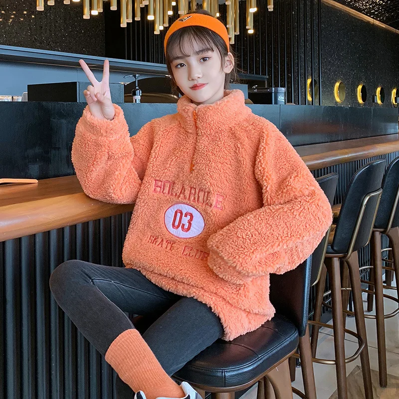 

Детский утепленный свитшот из овечьей шерсти, Розовый пуловер для девочек-подростков, зима 2021