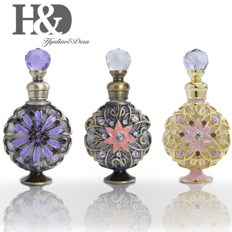 

H&D 3 Colors Retro Refillable Perfume Bottle Hand-painted Flower Pattern Antiqued Bejeweled Essential oil Container Lady's Gift