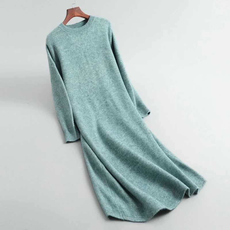 Fog blue Женское осенне-зимнее длинное платье-свитер Новые однотонные плотные длинные платья с круглым вырезом с длинным рукавом шерстяное вязаное платье для женщин - Цвет: Fog blue