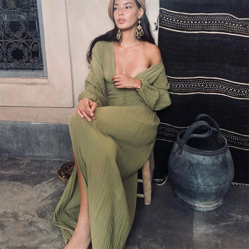

hirigin Women Boho Beach Long Maxi Dress Buttons Up Deep V-neck Full Sleeve Dress Long Sleeve High Split Female Vestidos 2022