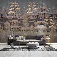 custom mural wallpaper chinese style 3d golden line landscape classical architecture living room tv sofa background wall decor