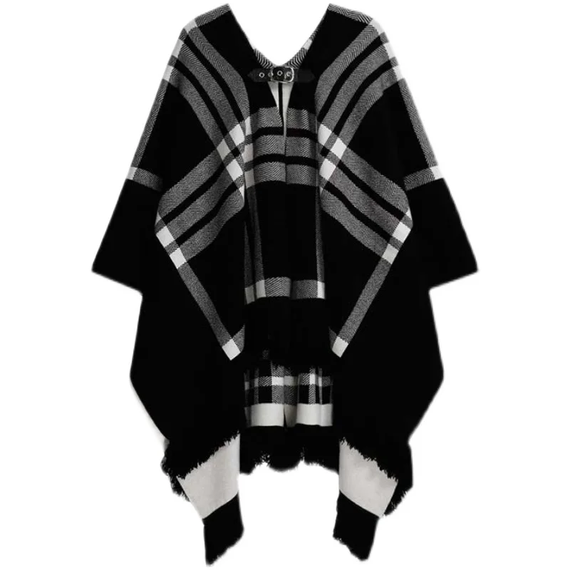 VANOVICH 2022 Autumn and Winter New Knitted Ponchos Loose Mid-length Outer Wear Capes Plaid Tassel Casual Korean Cape Coat |