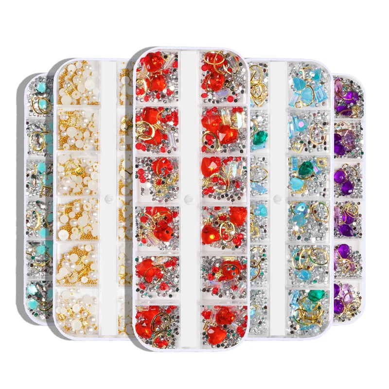 

12 Grids Colorful Crystal Mixed Design Acrylic Nail Stones Beads Studs Flat Back Shiny Tips 3D Nails Art Decorations