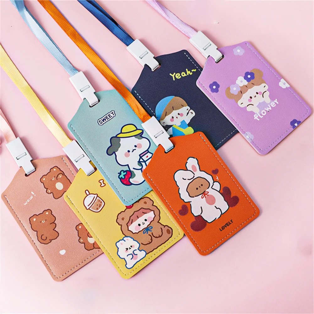 

Cute Cartoon Card Holder PU Leather Cards Sleeve with Lanyard Business ID Card Organizer School Office Supplies Work Accessries