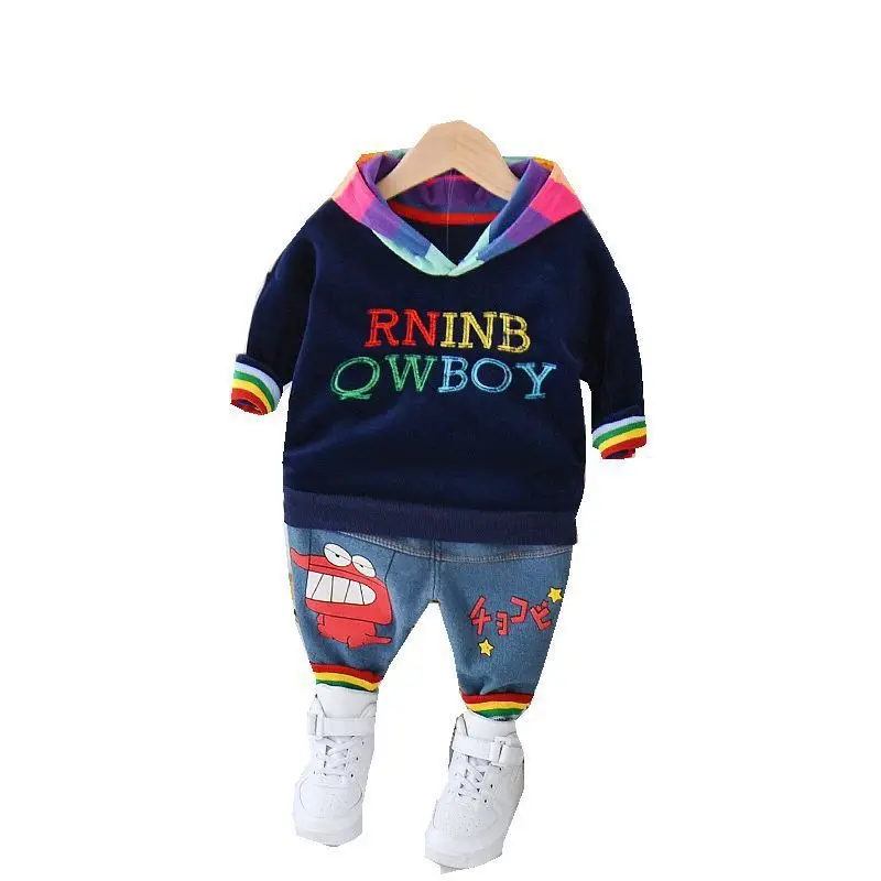 

Autumn Winter Baby Clothes Children Boy Girl Plus Velvet Thick Letters Rainbow Hooded Pants 2Pcs/set Toddler Kid Casual Clothing