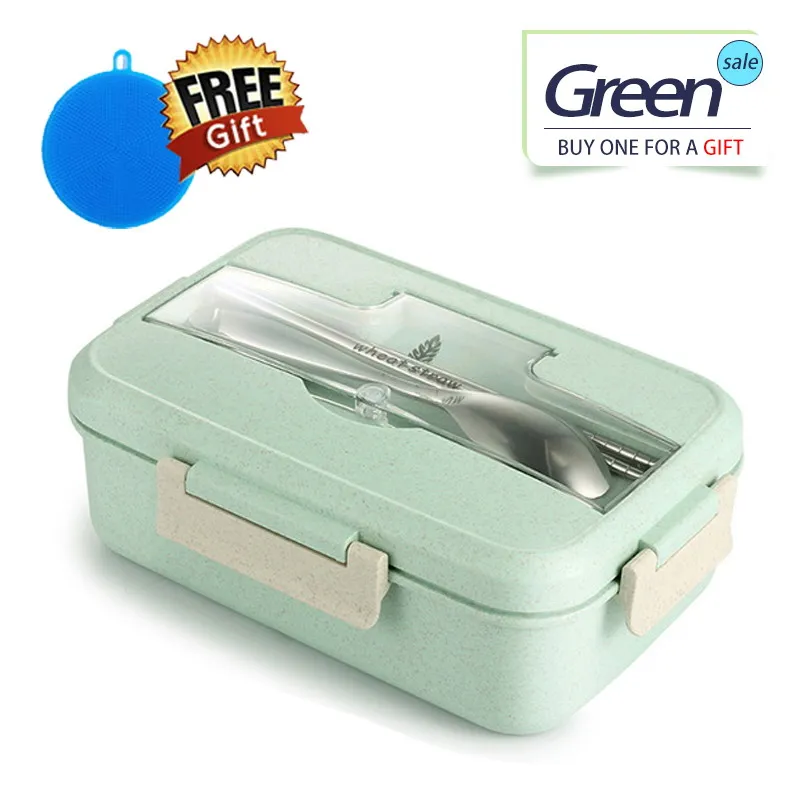 green Bento Ланч-бокс для детей с ложкой палочки для еды контейнер герметичный BPA бесплатно Пшеничная солома набор посуды Экологичная коробка для еды - Цвет: green