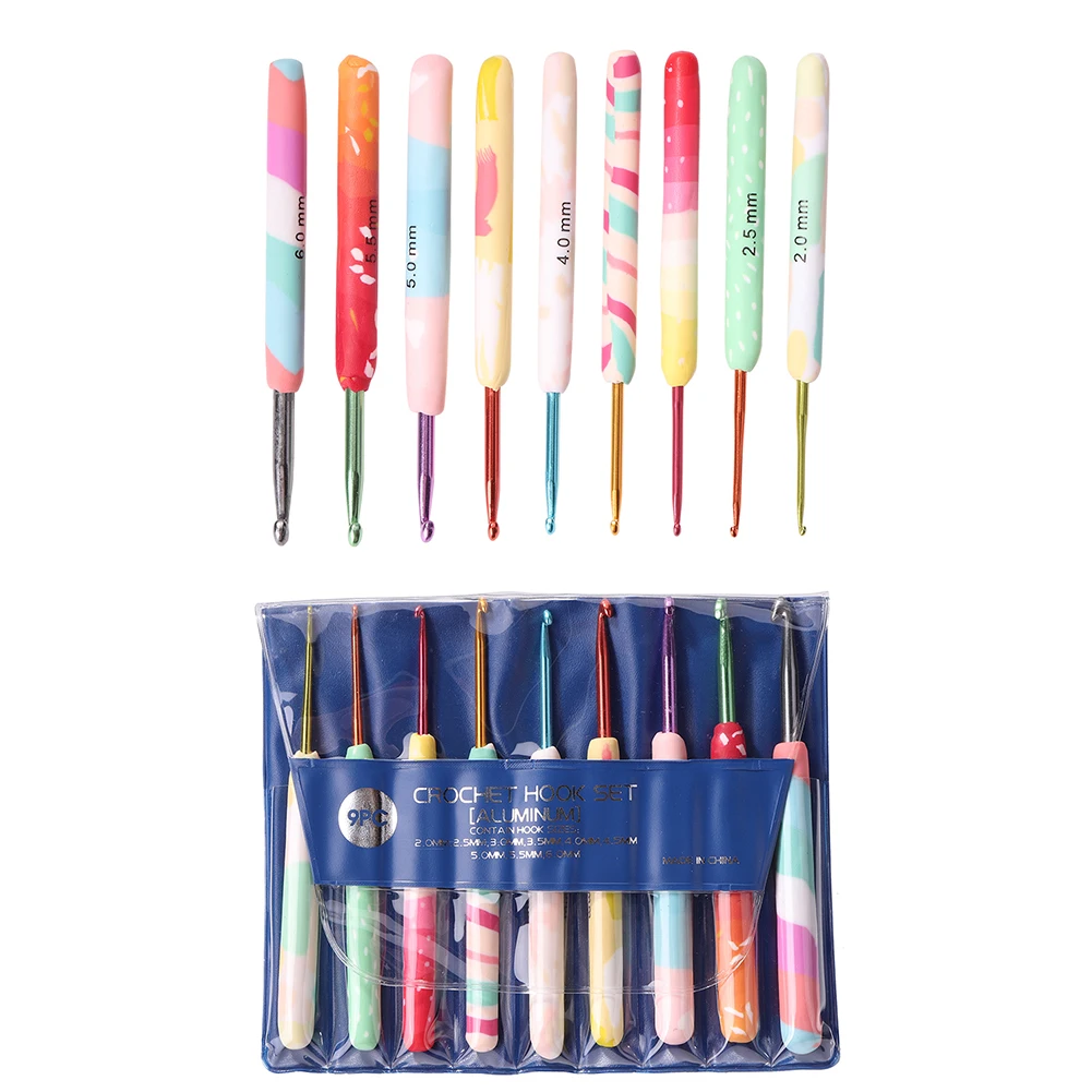 

9pcs Soft Handles Sweater Needles Aluminum Alloy Hand Sewing Needles DIY Colorful Ergonomic Crochet Hooks Knitting Tools