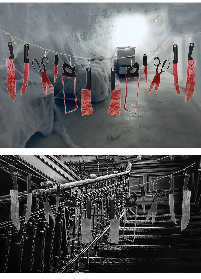 

12pcs/lot Halloween Plastic Blood Knife Tools Sets Horror Spooky Haunted House Hanging Knife Garland Banner Halloween Decoration