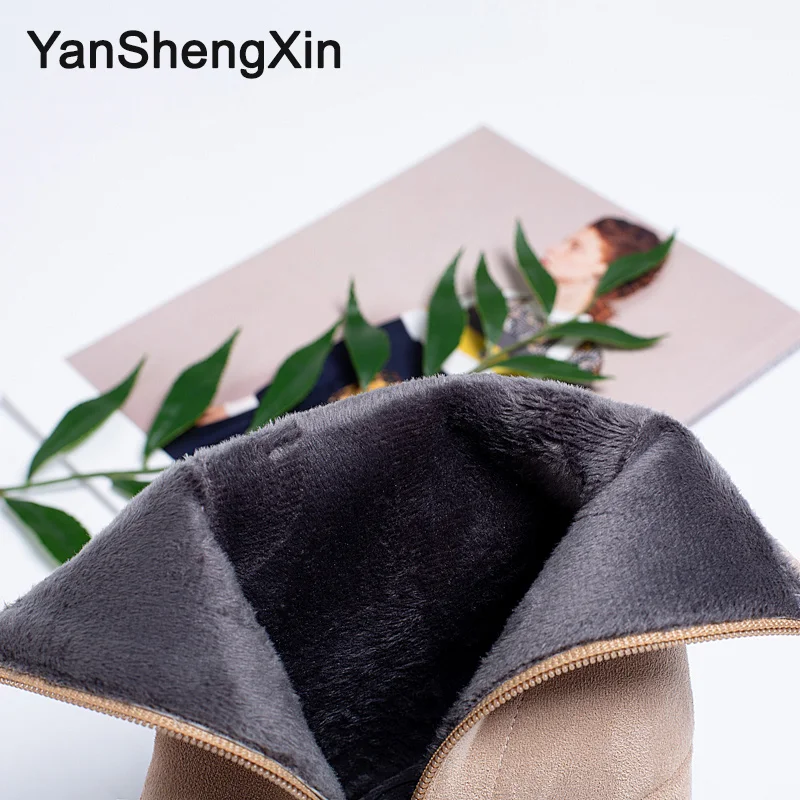 YANSHENGXIN/обувь женские ботинки однотонные замшевые сапоги до середины икры на молнии Женская обувь на высоком каблуке осенне-зимние сапоги женские ботинки