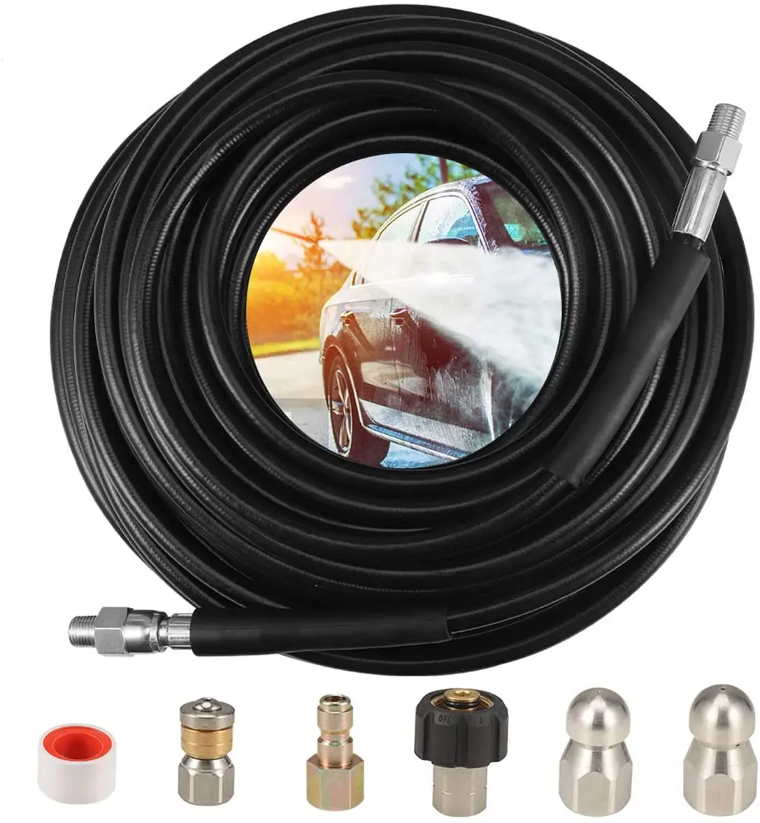 

High Pressure Washer Sewer Washer Kit 100FT 5800PSI Drain Cleaning Hose Sewer Nozzle Waterproof Tape Car Wash Cleaning Tools